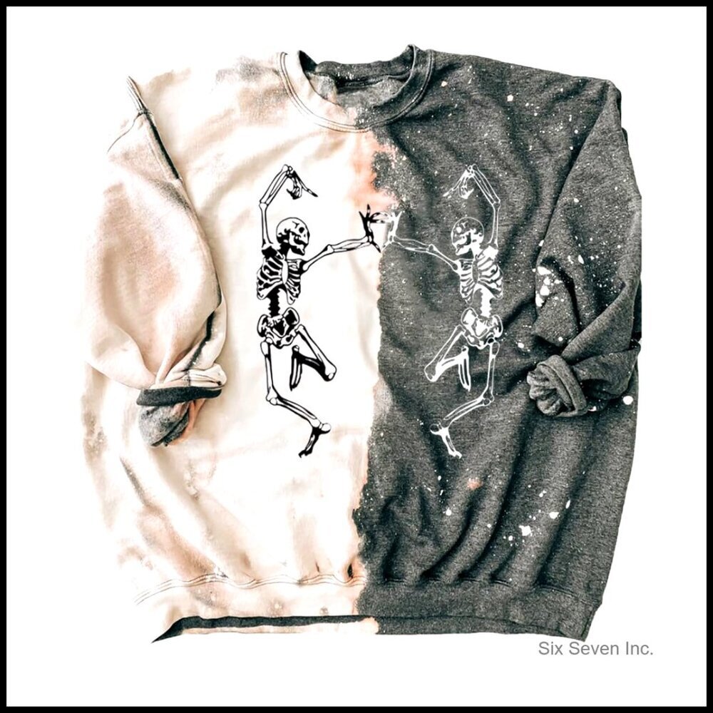 Vintage Bleached Dancing Skeleton Sweatshirt Loose Fit Crewneck Pullover Top